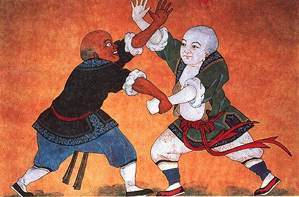 Painting of martial arts at Shaolin Temple depicting a dark-skinned Indian (possibly Bodhidharma)