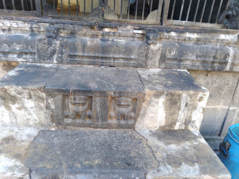 Lion carvings on the steps in the premises of Veerattaneswarar Temple in Thiruvathigai where an ancient Buddha statue is kept.
